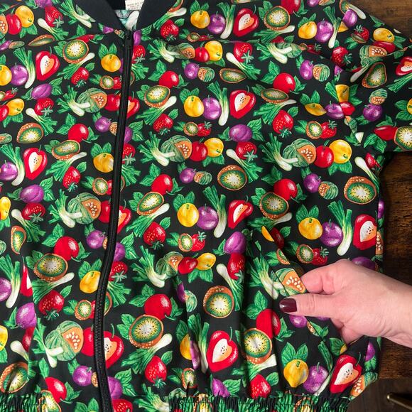 Vintage All Over Veggie Print Bomber Jacket Women's L Pockets Cotton Made in USA - Picture 4 of 13